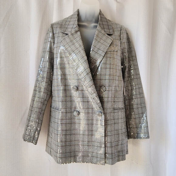 Jason Wu Jackets & Blazers - Jason Wu Grey Double Breasted Plaid Sequin Blazer Womens Size S